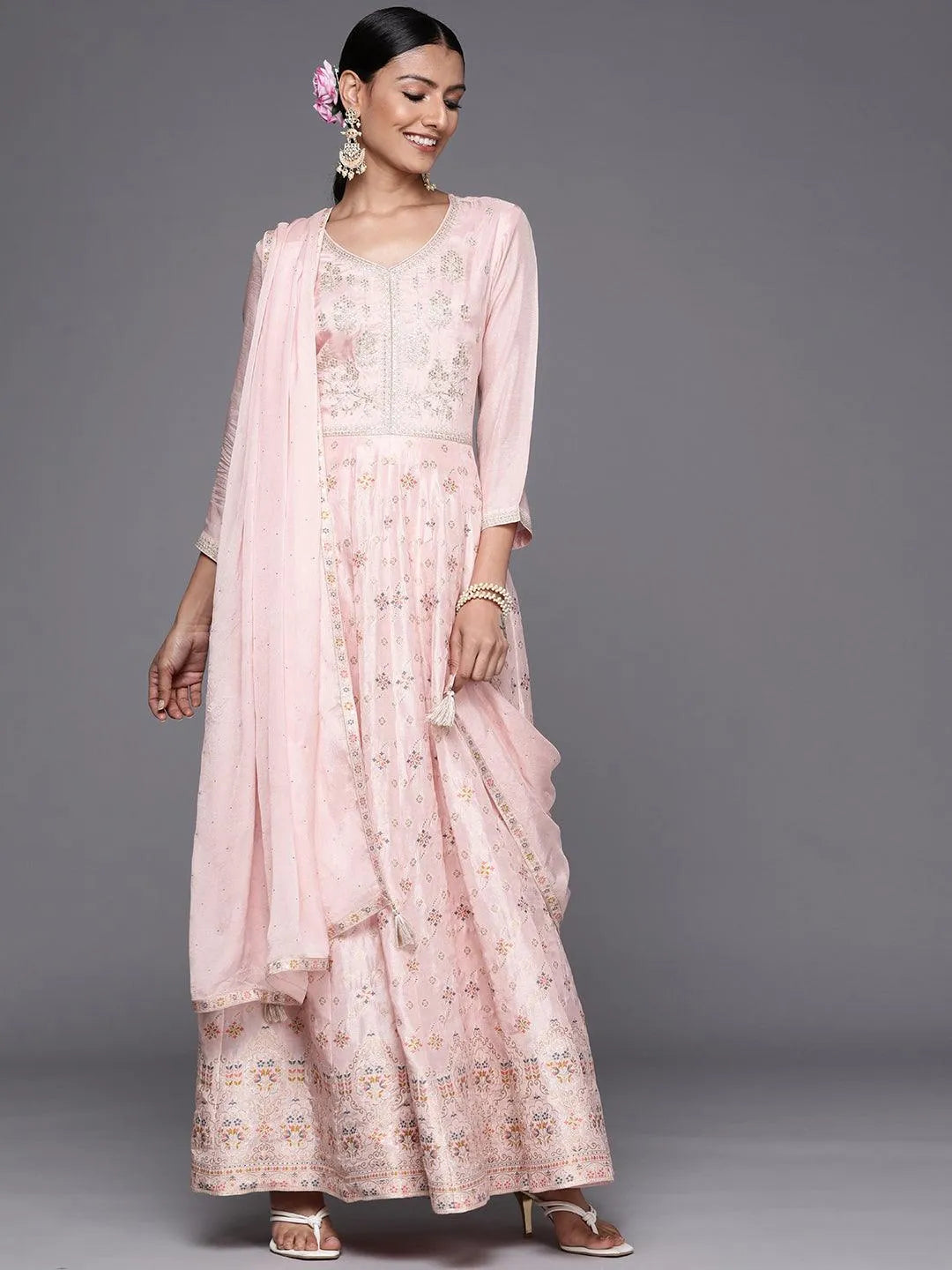 Pink Self Design Silk Anarkali Kurta With Churidar & Dupatta - Libas