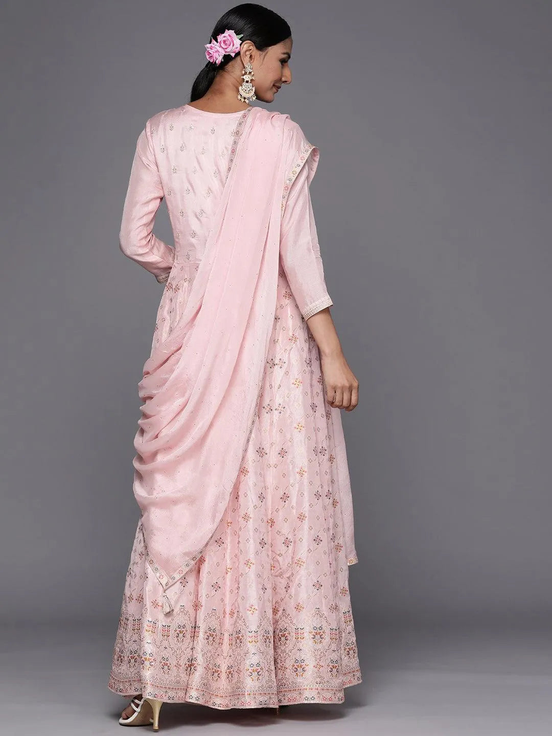 Pink Self Design Silk Anarkali Kurta With Churidar & Dupatta - Libas