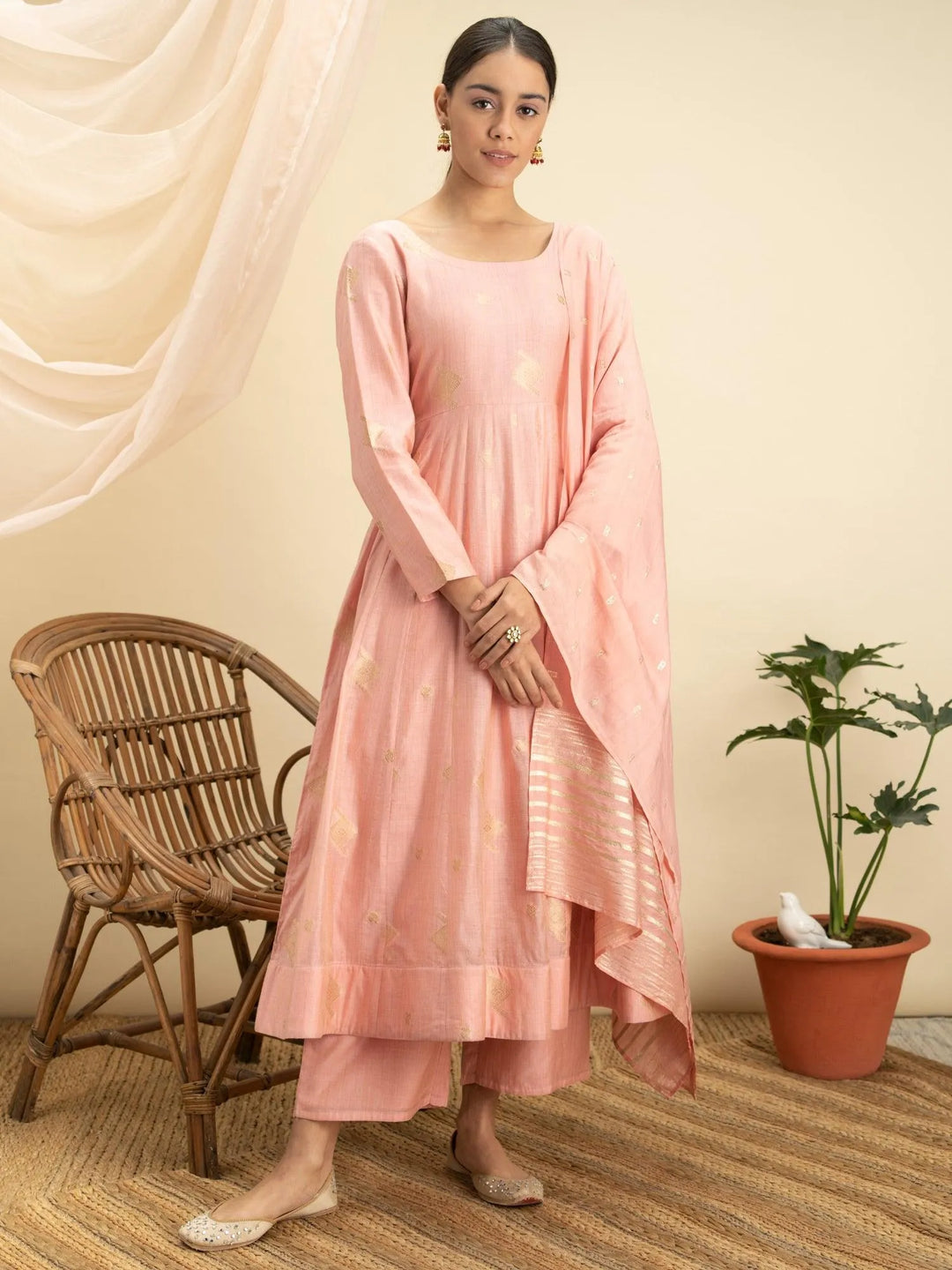 Pink Self Design Silk Suit Set - Libas 