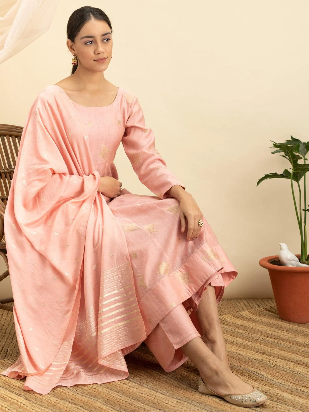 Pink Self Design Silk Suit Set - Libas 