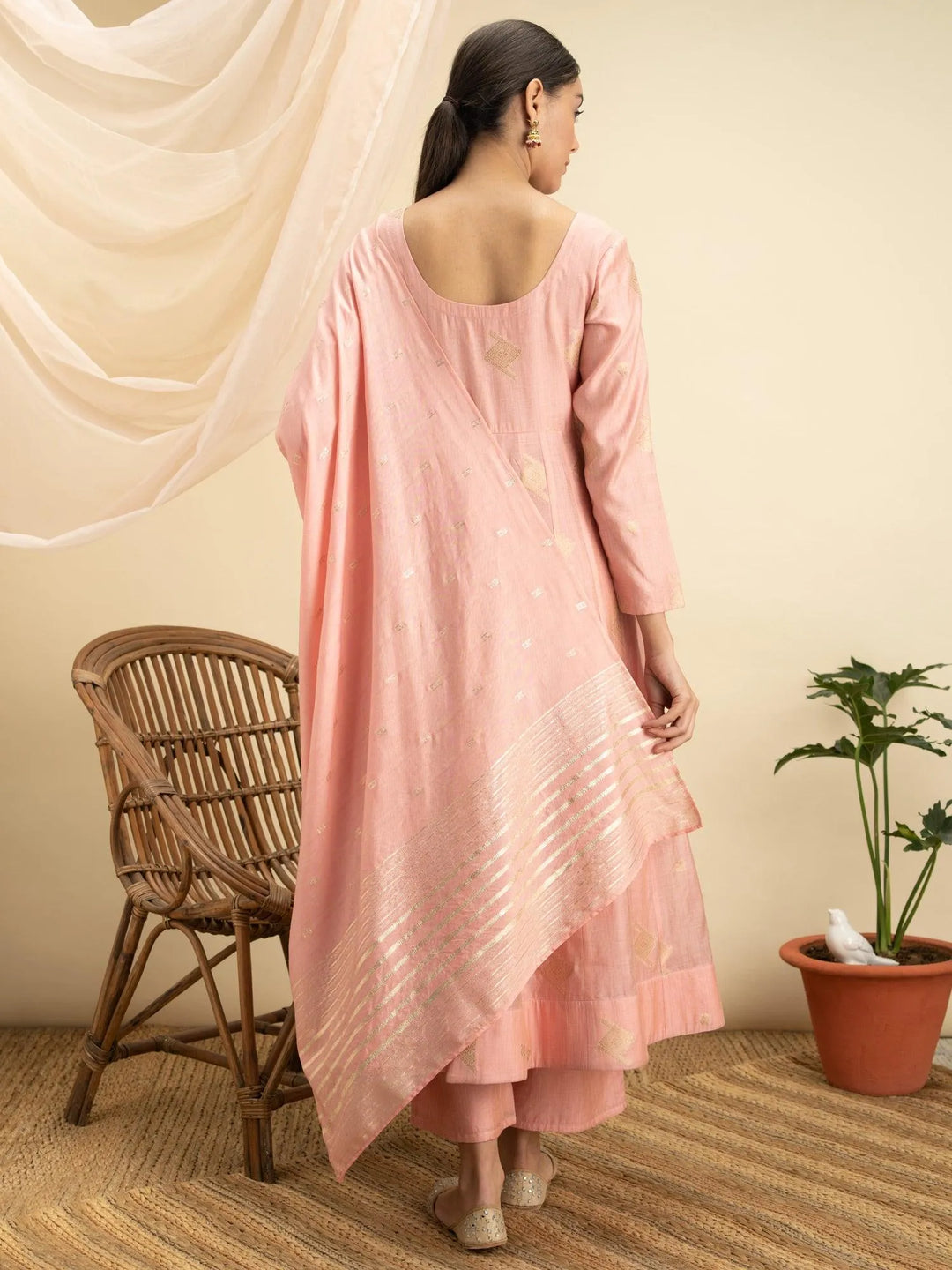 Pink Self Design Silk Suit Set - Libas 