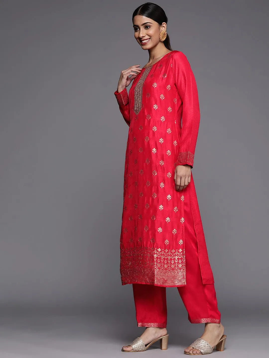 Pink Self Design Silk Blend Straight Suit Set - Libas