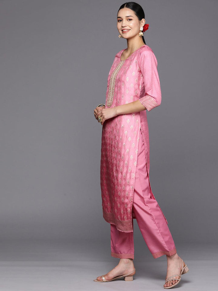 Pink Self Design Silk Blend Straight Suit Set With Trousers - Libas