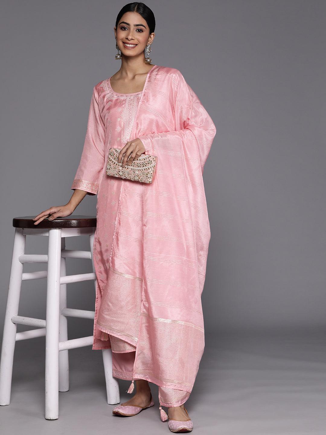 Pink Self Design Silk Blend Straight Kurta With Trousers & Dupatta