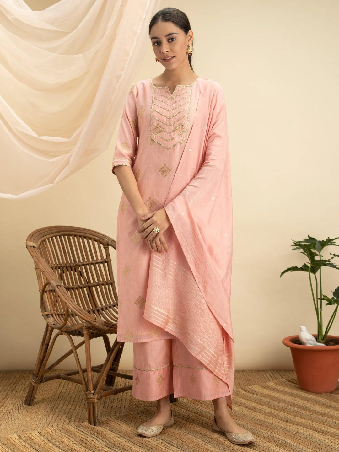 Pink Self Design Silk Suit Set - Libas 