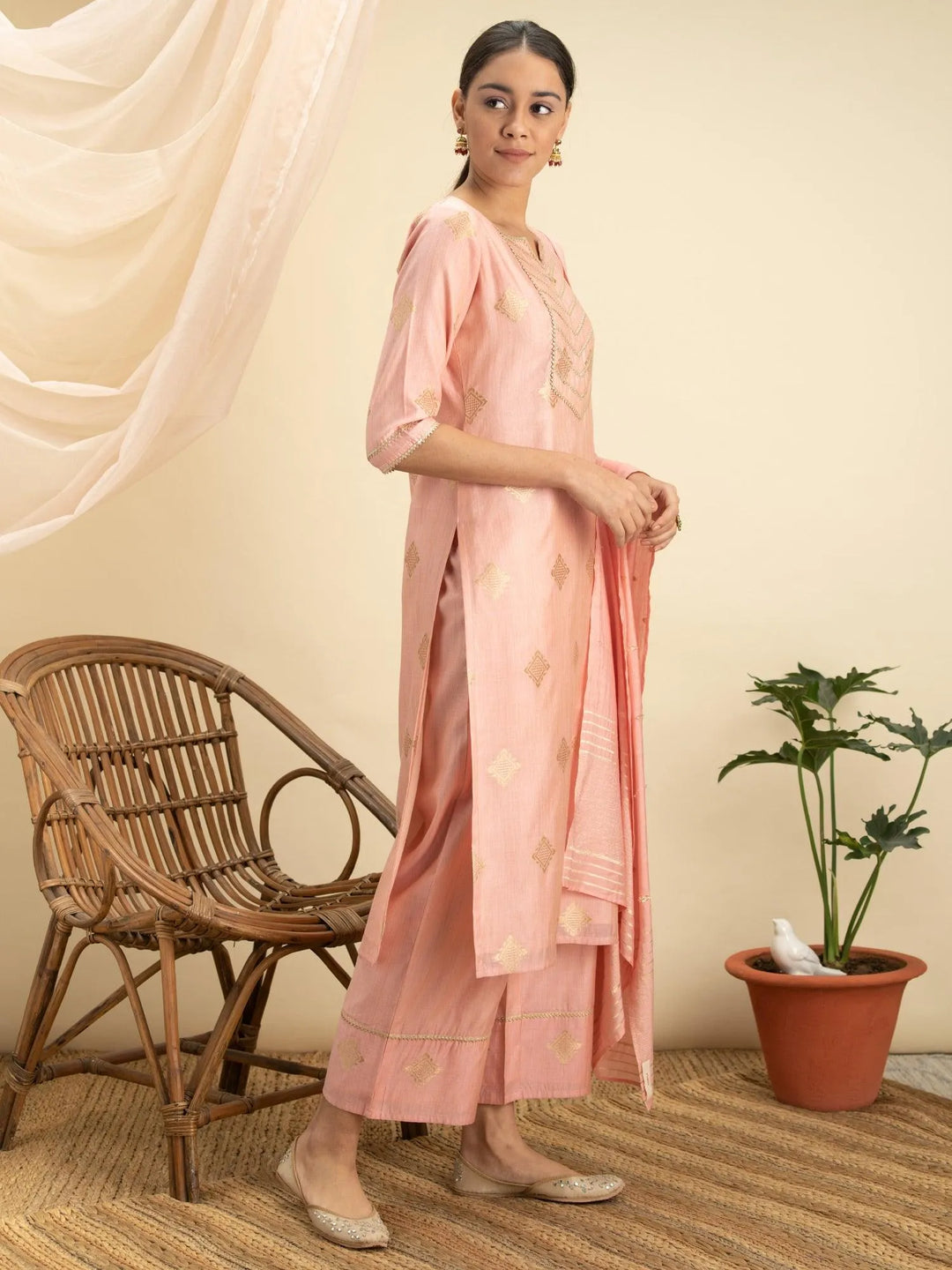 Pink Self Design Silk Suit Set - Libas 