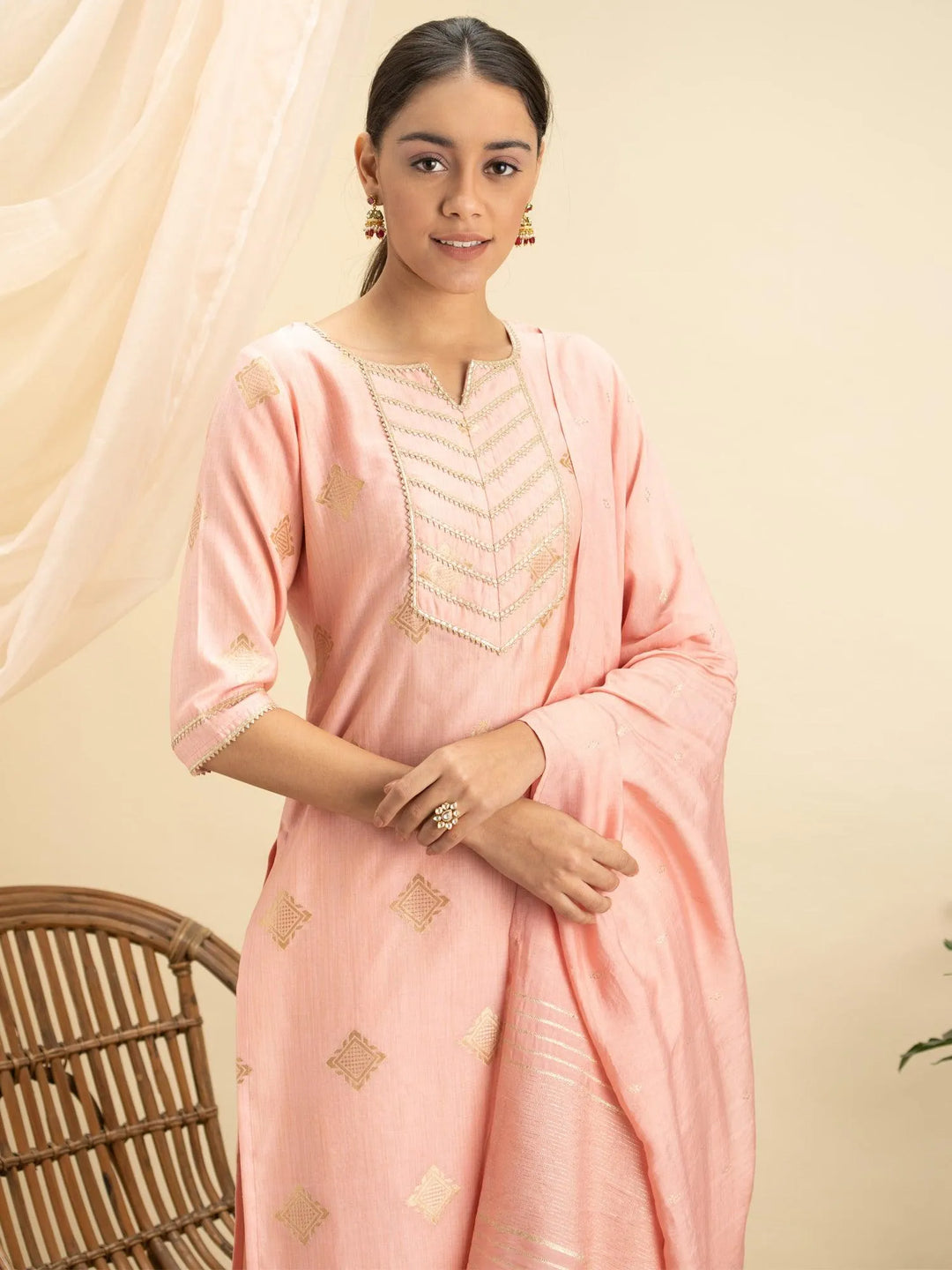 Pink Self Design Silk Suit Set - Libas 