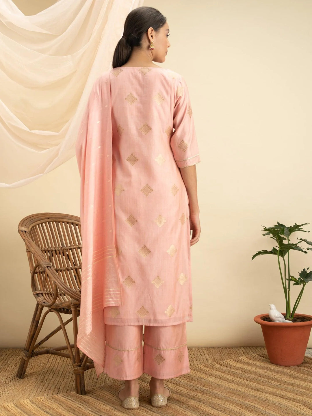 Pink Self Design Silk Suit Set - Libas 