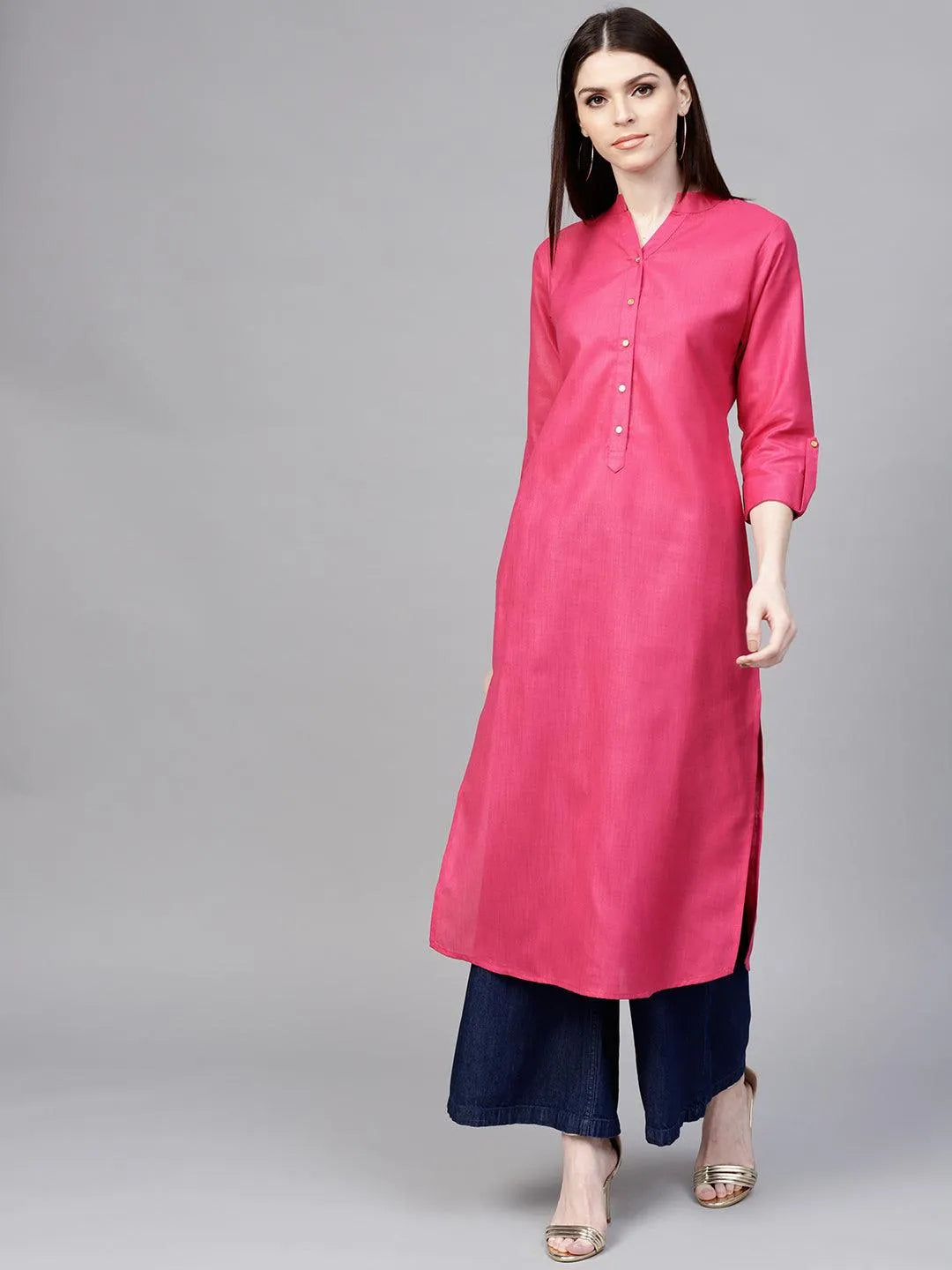 Pink Solid Cotton Kurta - Libas 