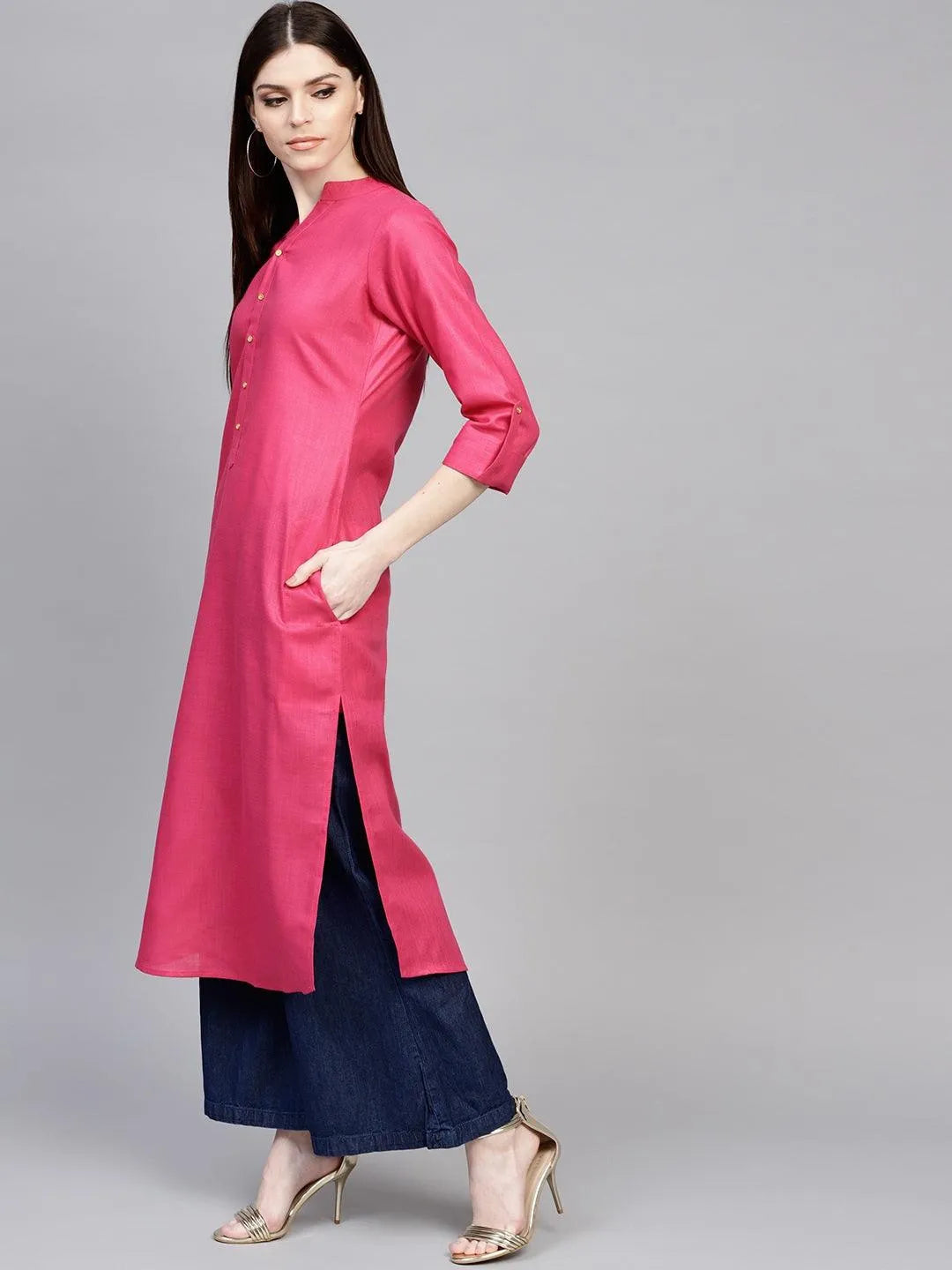 Pink Solid Cotton Kurta - Libas 