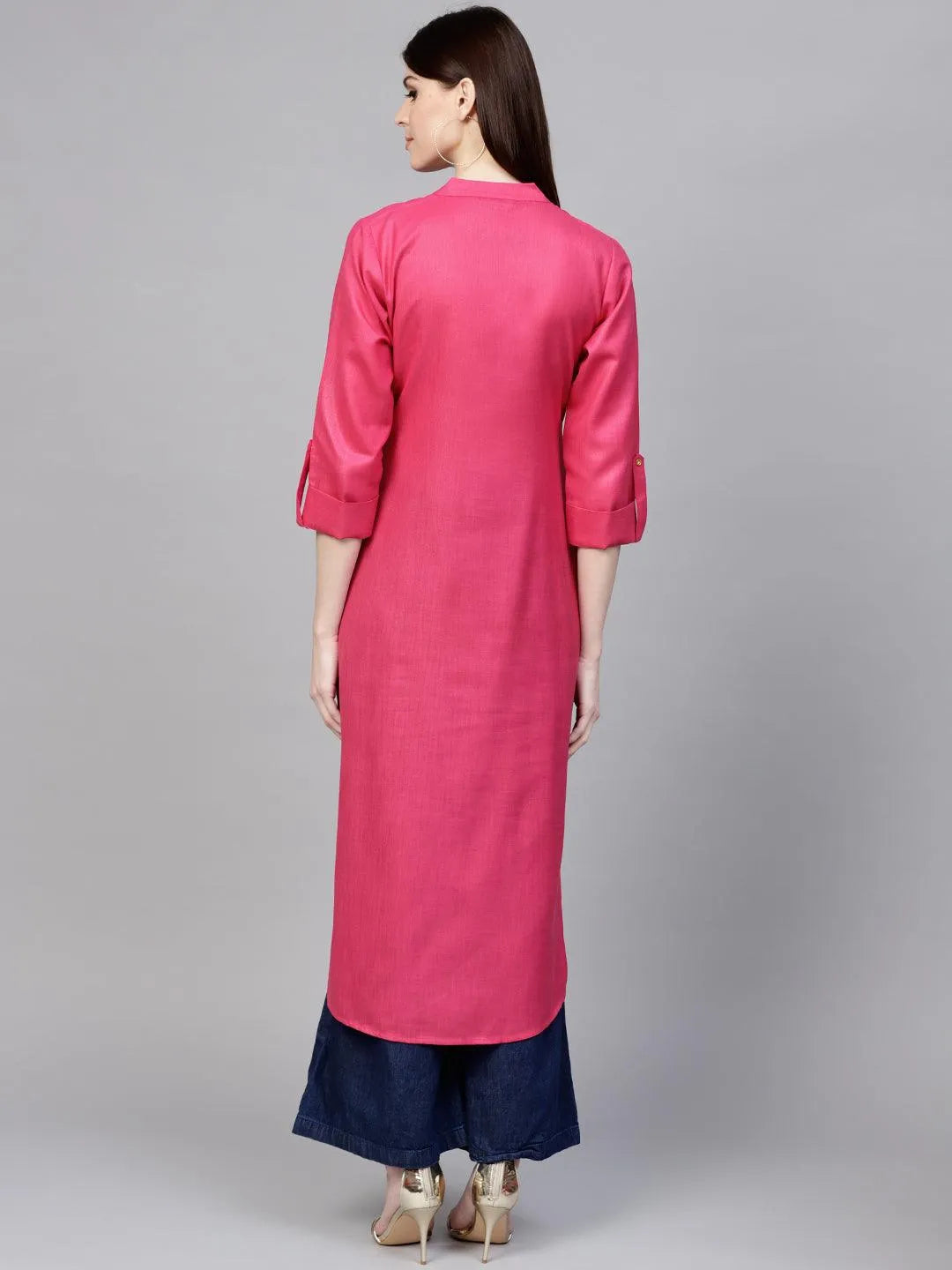 Pink Solid Cotton Kurta - Libas 