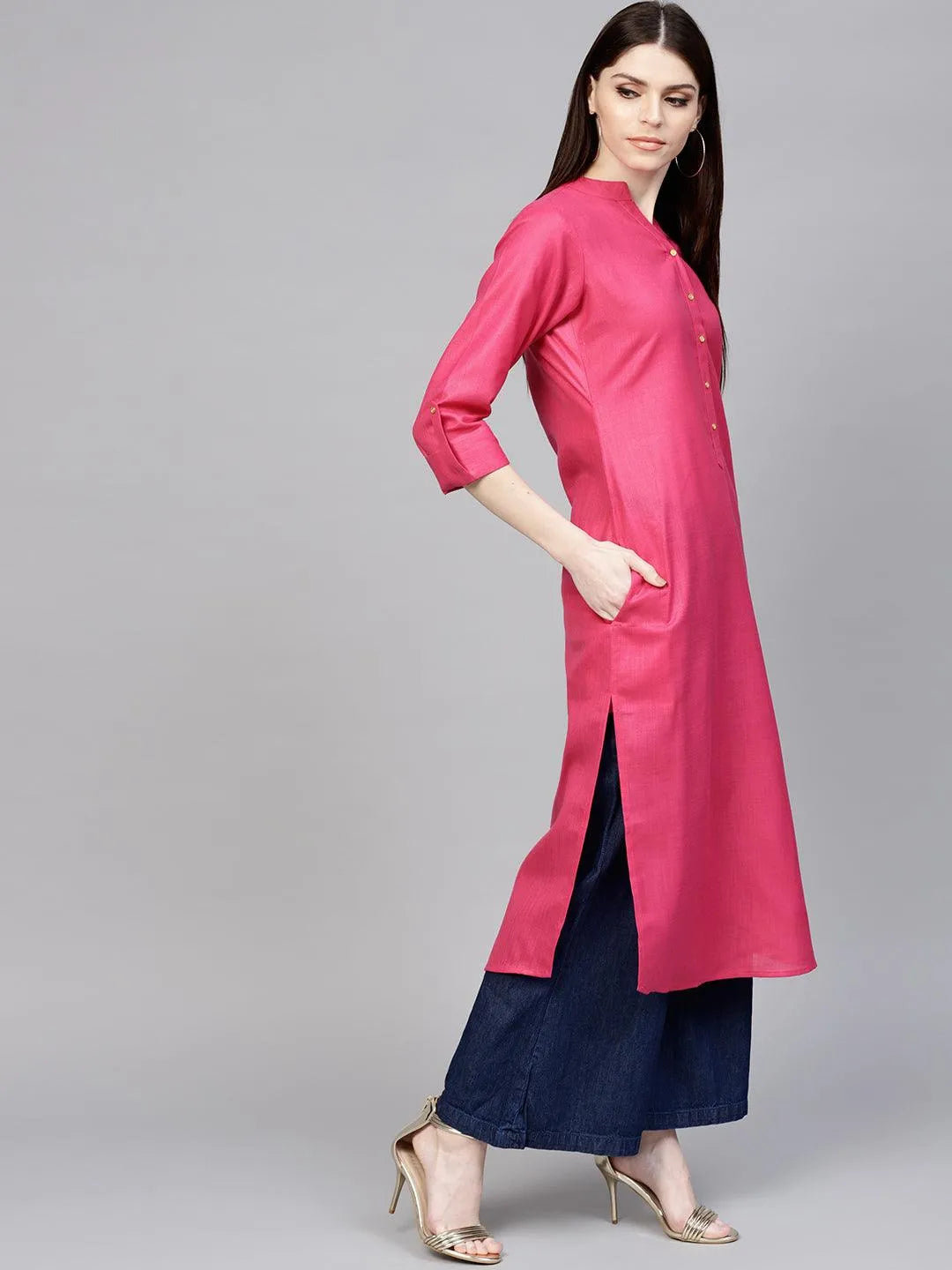 Pink Solid Cotton Kurta - Libas