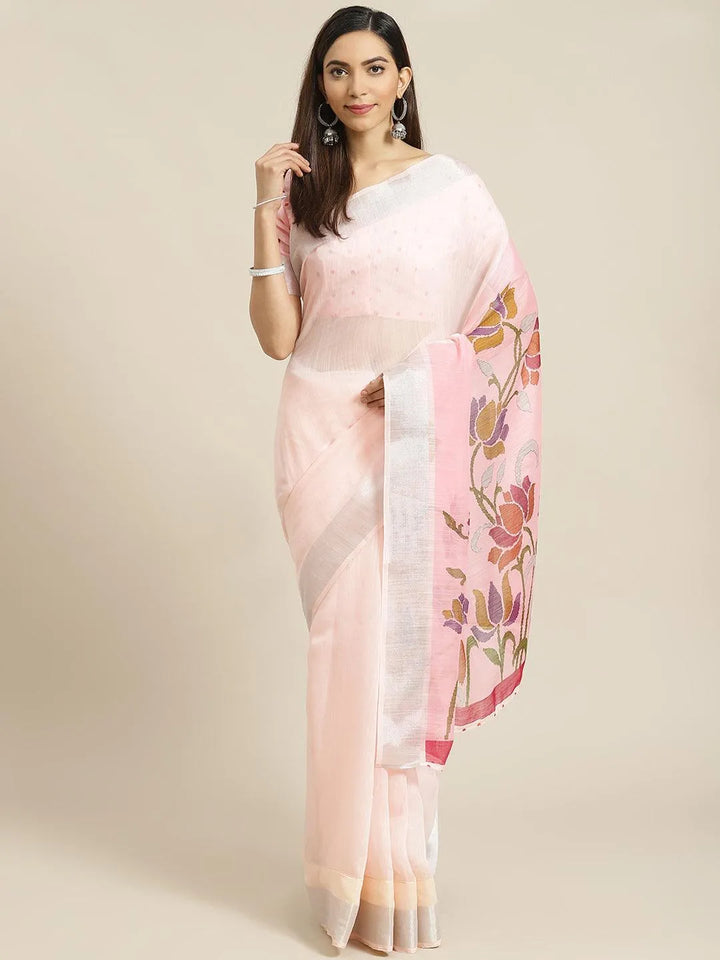 Pink Solid Cotton Saree - Libas