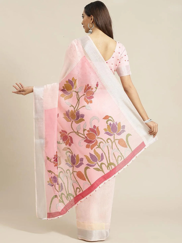 Pink Solid Cotton Saree - Libas