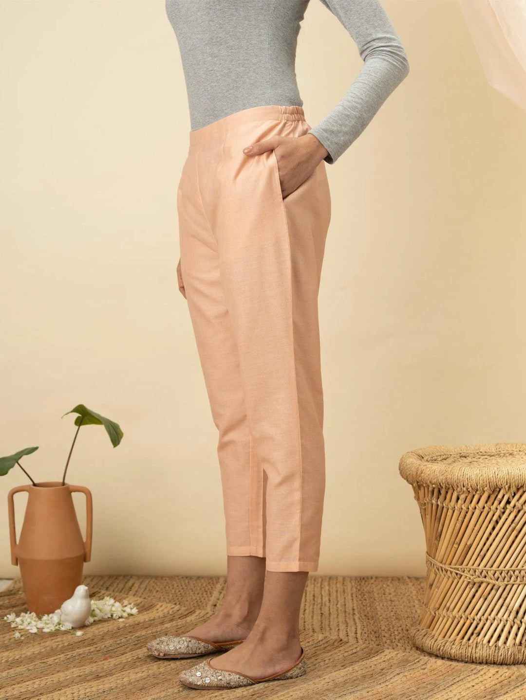 Pink Solid Cotton Trousers - Libas