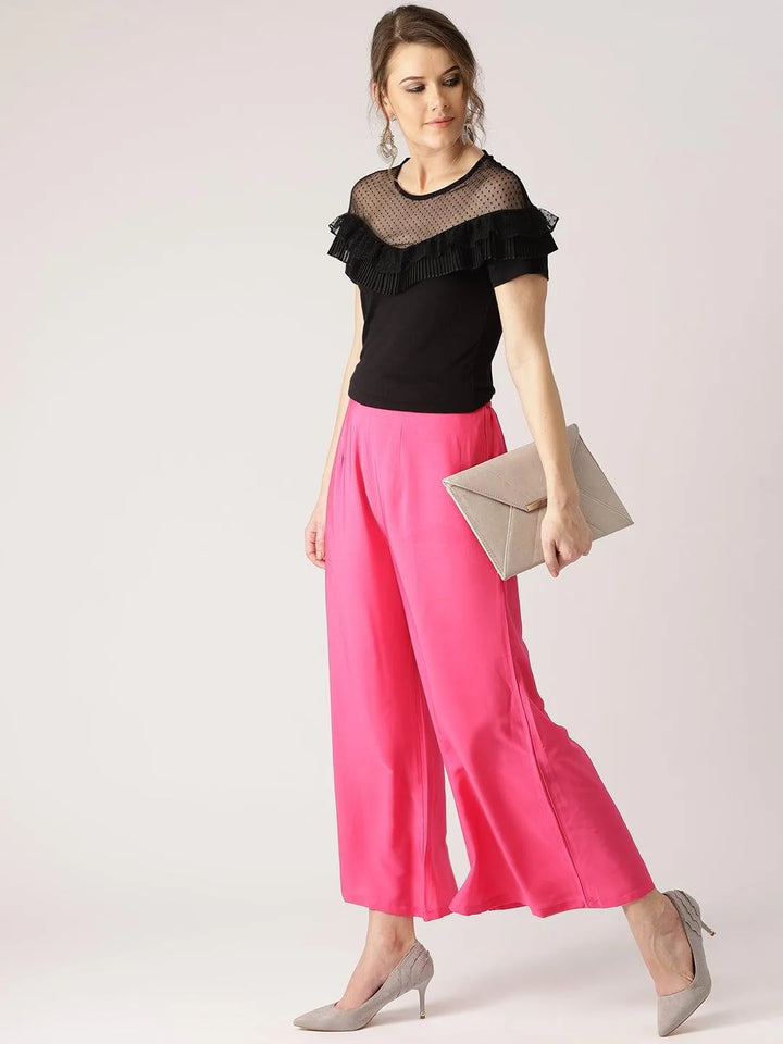 Pink Solid Crepe Palazzos - Libas