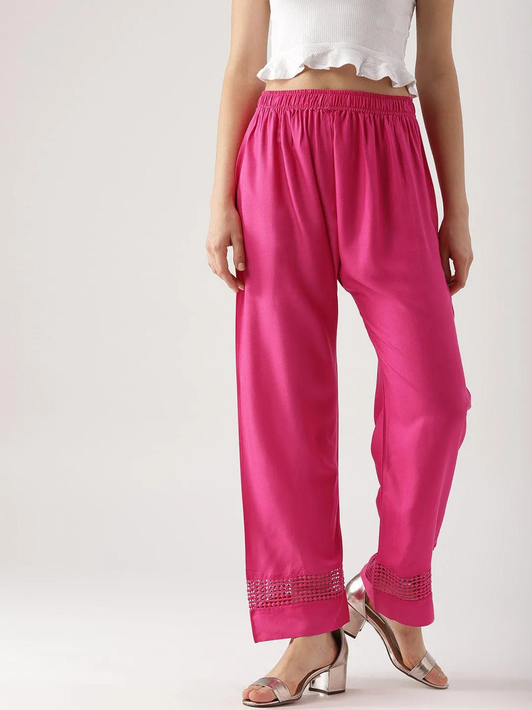 Pink Solid Rayon Palazzos - Libas 