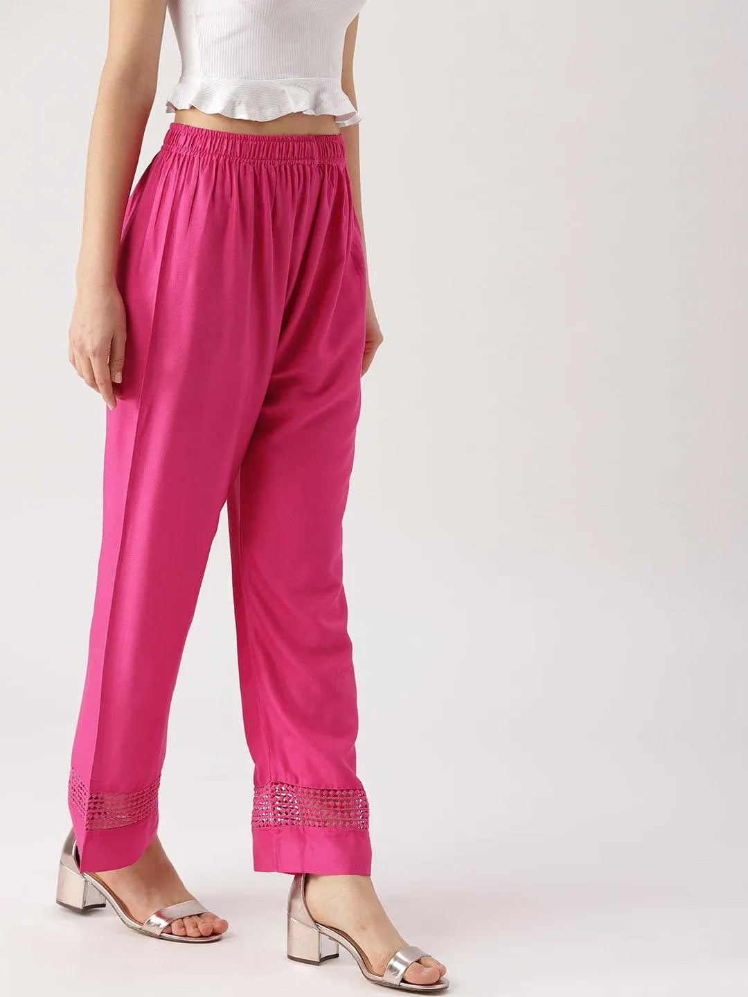 Pink Solid Rayon Palazzos - Libas 