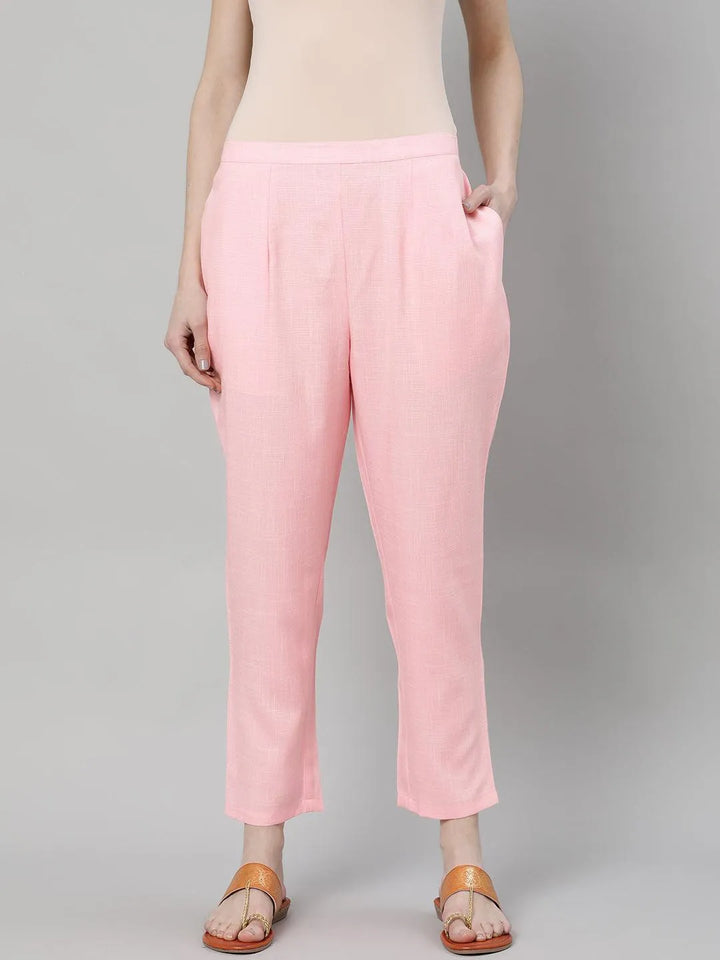 Pink Solid Rayon Trousers - Libas