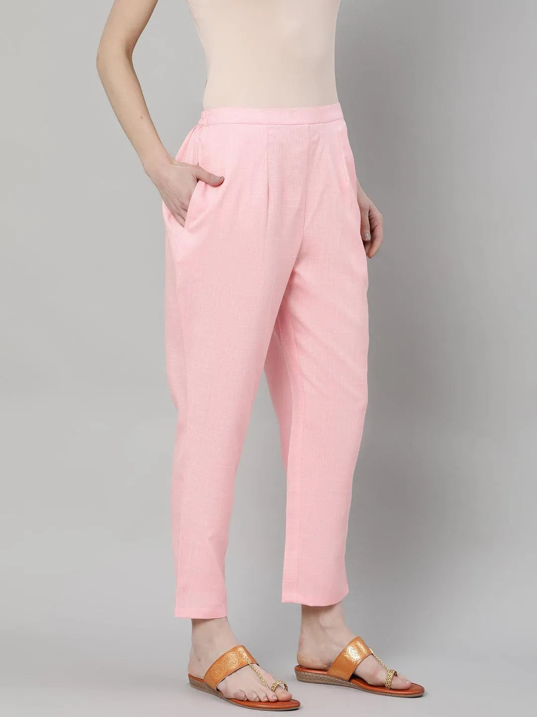 Pink Solid Rayon Trousers - Libas 