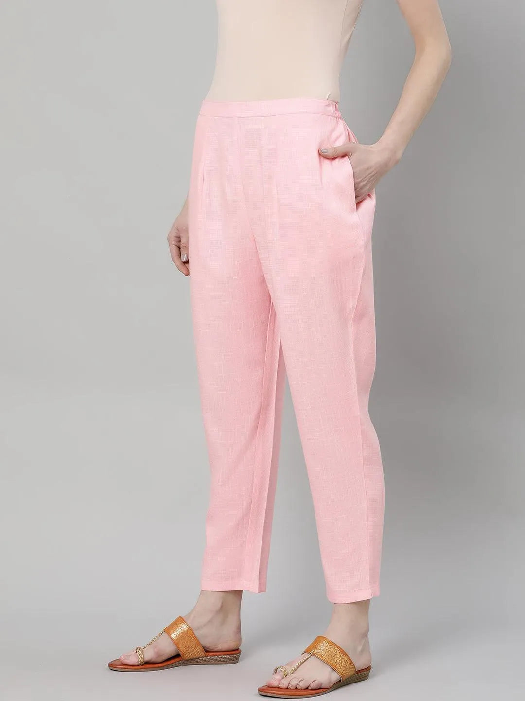 Pink Solid Rayon Trousers - Libas 