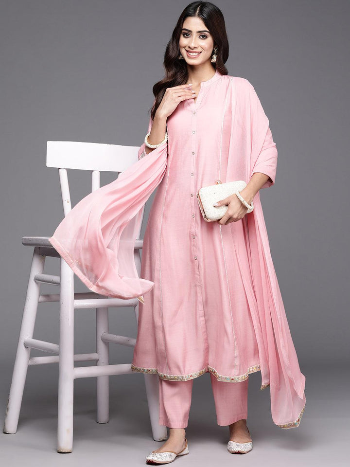 Pink Solid Silk Blend A-Line Kurta With Trousers & Dupatta - Libas