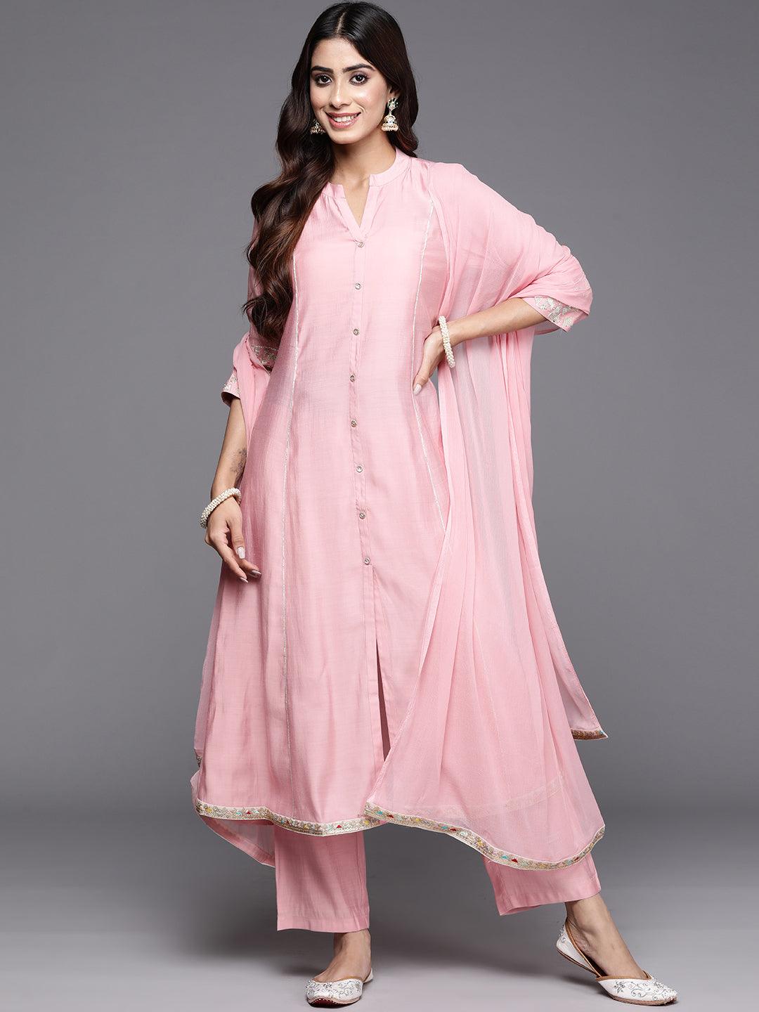 Pink Solid Silk Blend A-Line Kurta With Trousers & Dupatta - Libas