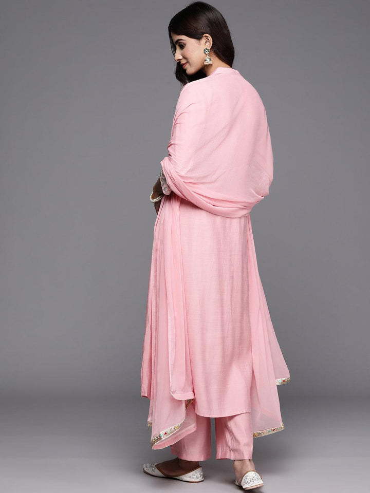 Pink Solid Silk Blend A-Line Kurta With Trousers & Dupatta - Libas