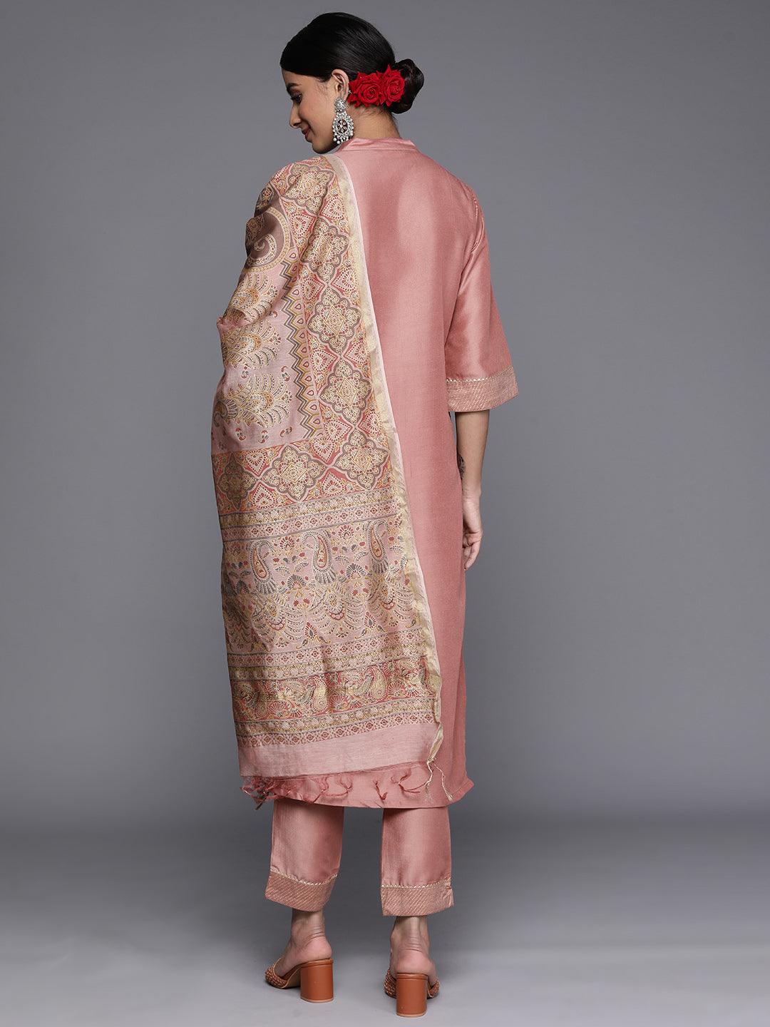 Pink Solid Silk Blend Straight Kurta With Dupatta