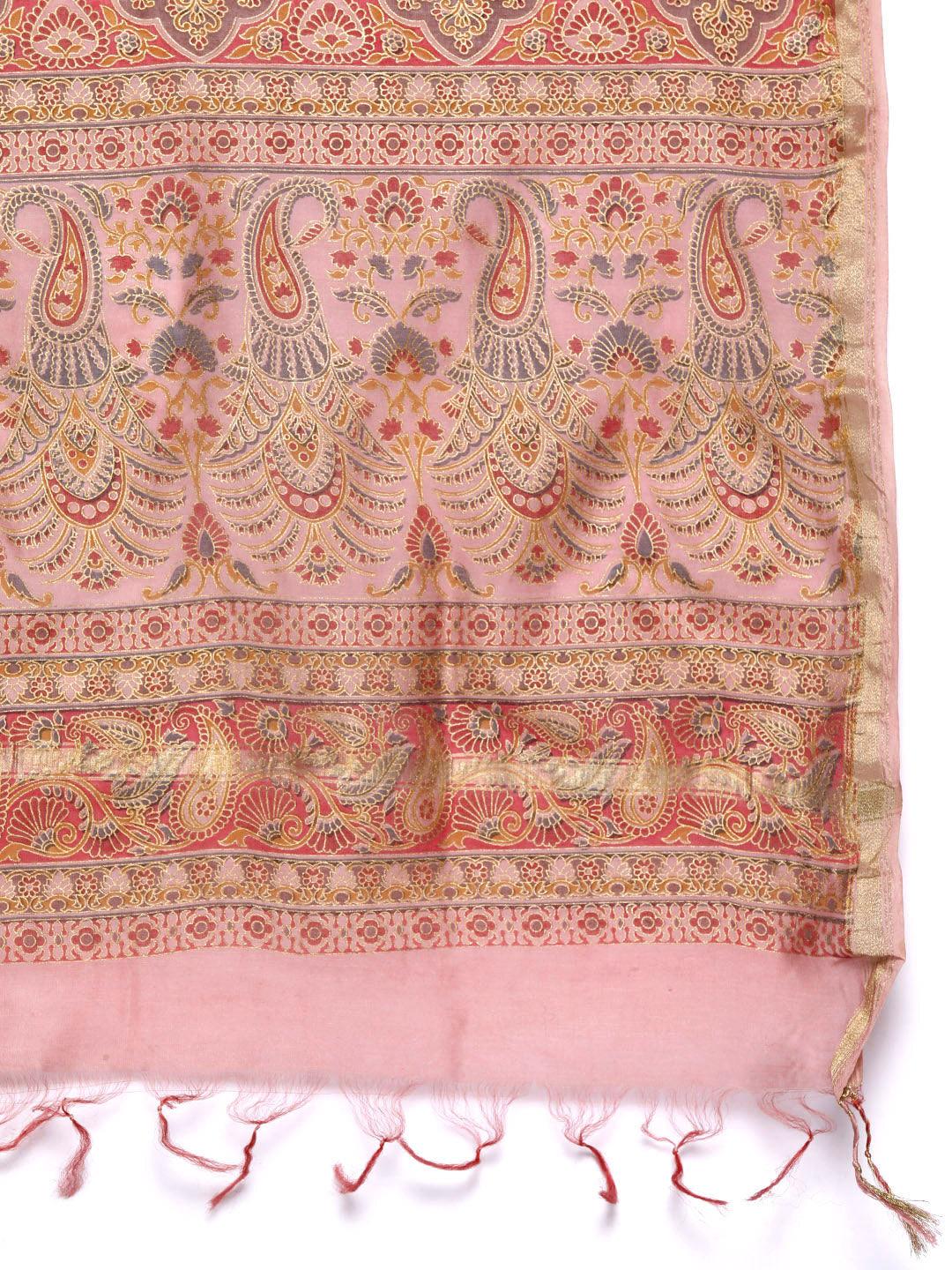 Pink Solid Silk Blend Straight Kurta With Dupatta