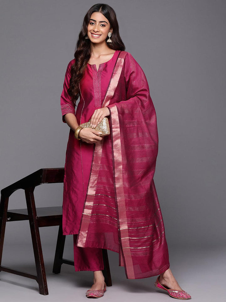 Pink Solid Silk Blend Straight Kurta With Trousers & Dupatta - Libas