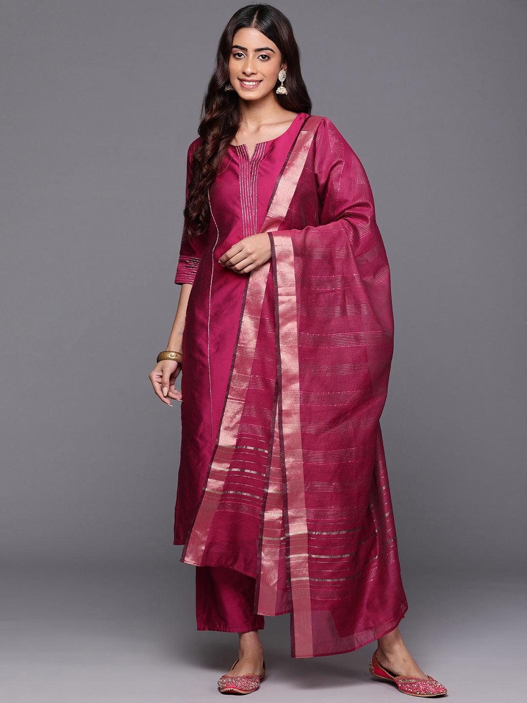 Pink Solid Silk Blend Straight Kurta With Trousers & Dupatta - Libas