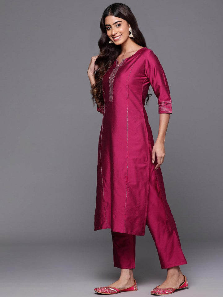 Pink Solid Silk Blend Straight Kurta With Trousers & Dupatta - Libas