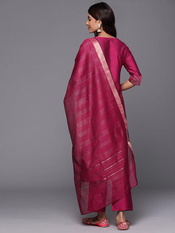 Pink Solid Silk Blend Straight Kurta With Trousers & Dupatta - Libas