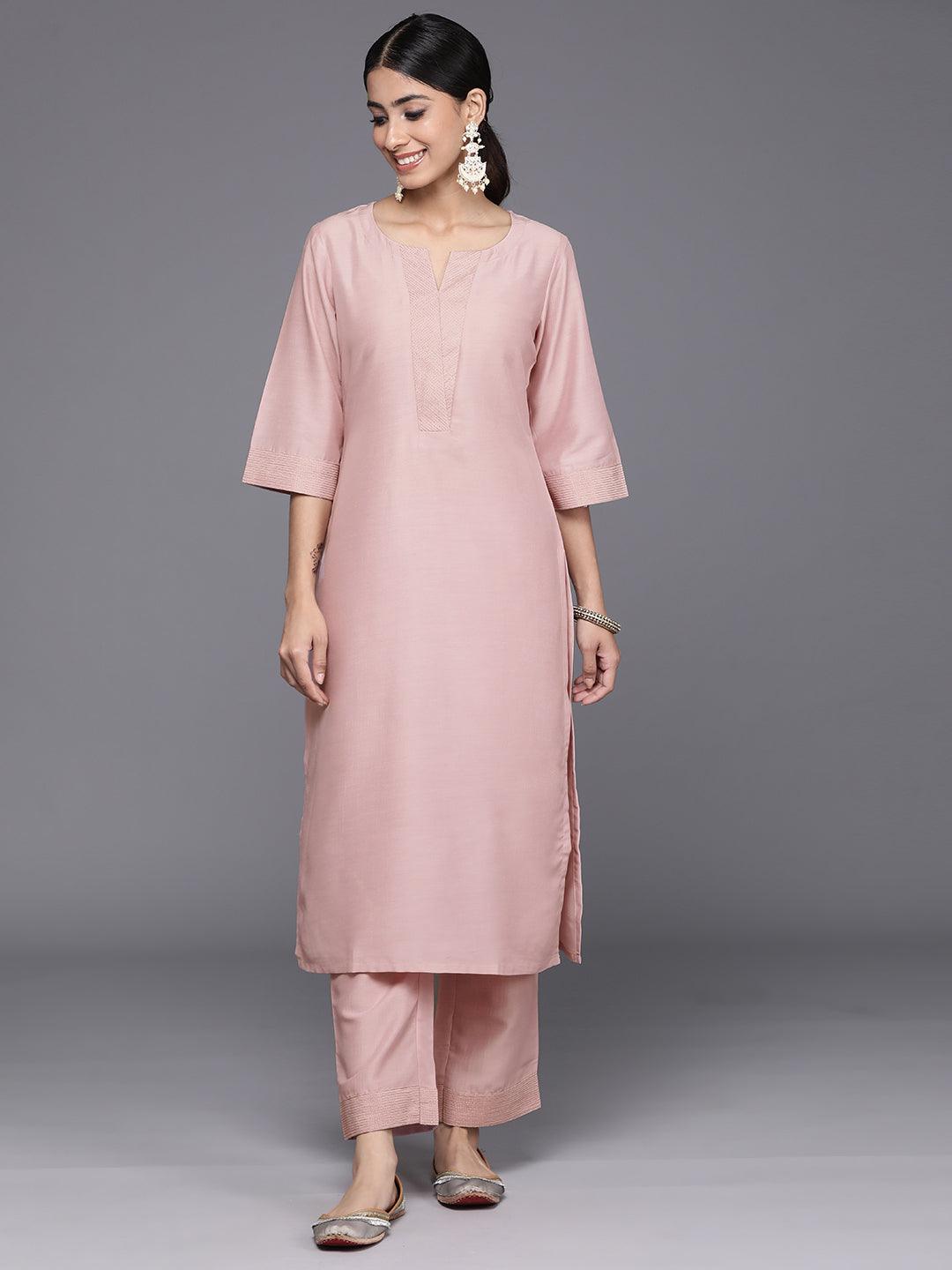 Pink Solid Silk Blend Straight Kurta With Trousers & Dupatta - Libas