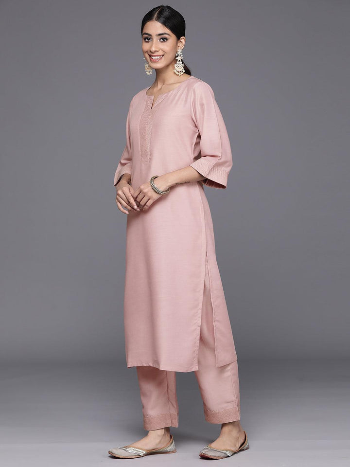 Pink Solid Silk Blend Straight Kurta With Trousers & Dupatta - Libas