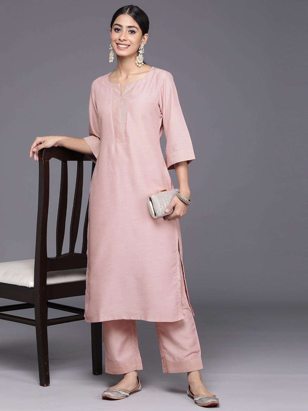 Pink Solid Silk Blend Straight Kurta With Trousers & Dupatta - Libas