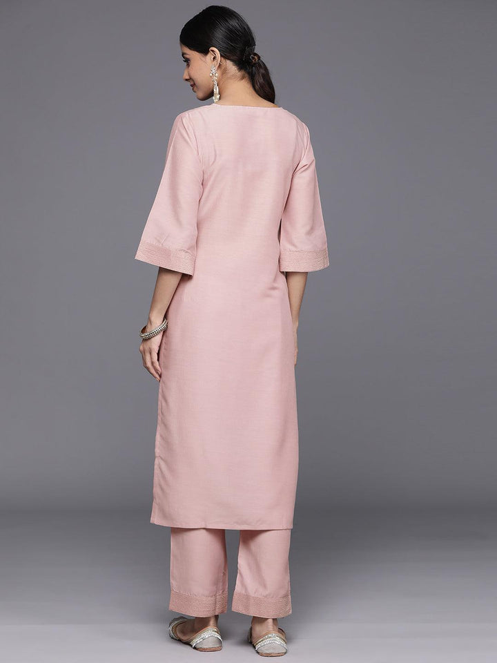 Pink Solid Silk Blend Straight Kurta With Trousers & Dupatta - Libas