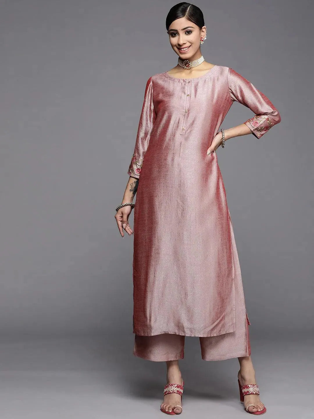 Pink Solid Silk Kurta - Libas 