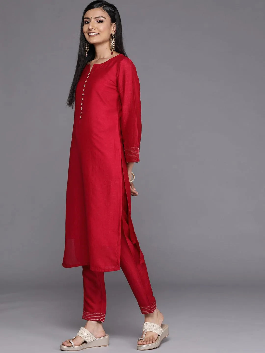 Pink Solid Silk Straight Kurta - Libas 