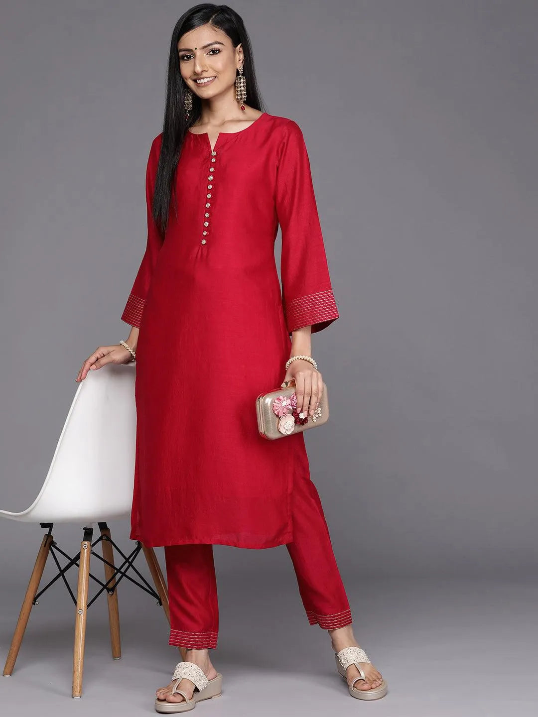 Pink Solid Silk Straight Kurta - Libas 