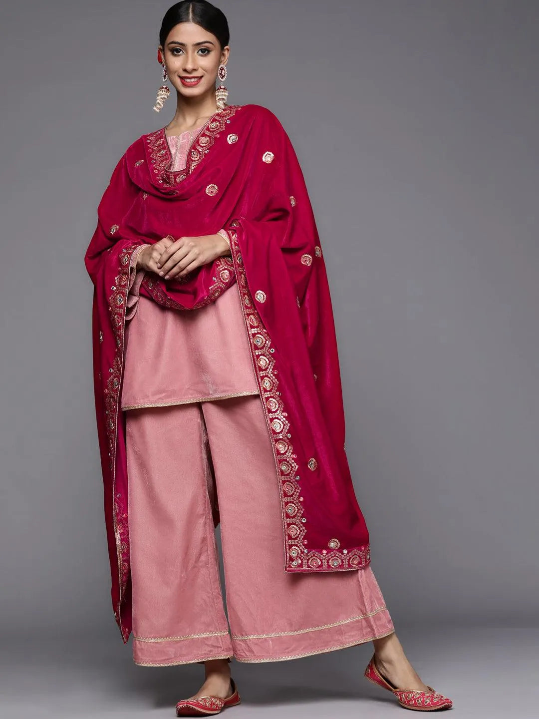 Pink Solid Velvet Suit Set - Libas 