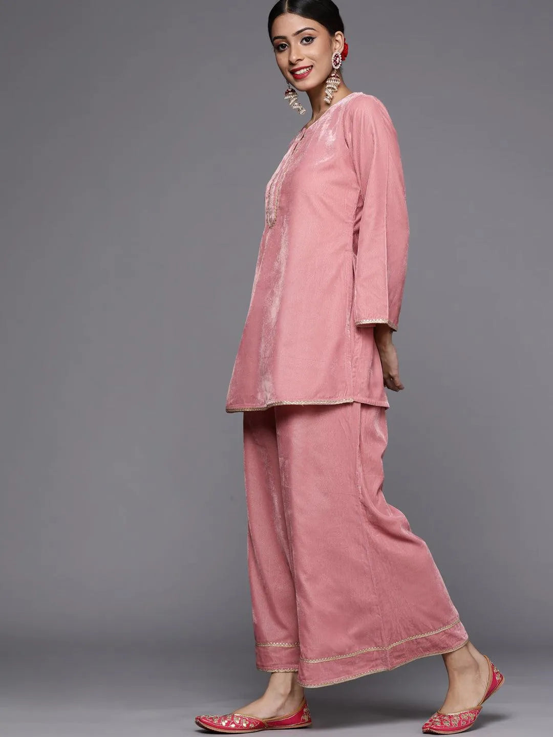 Pink Solid Velvet Suit Set - Libas 