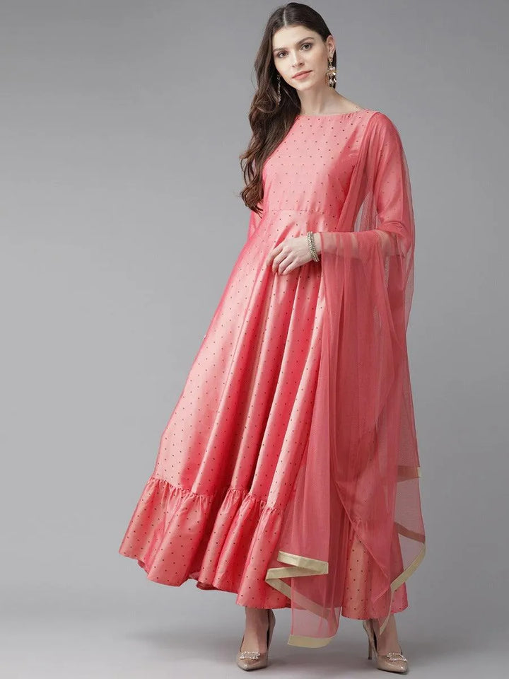 Pink Striped Chanderi Dress With Dupatta - Libas