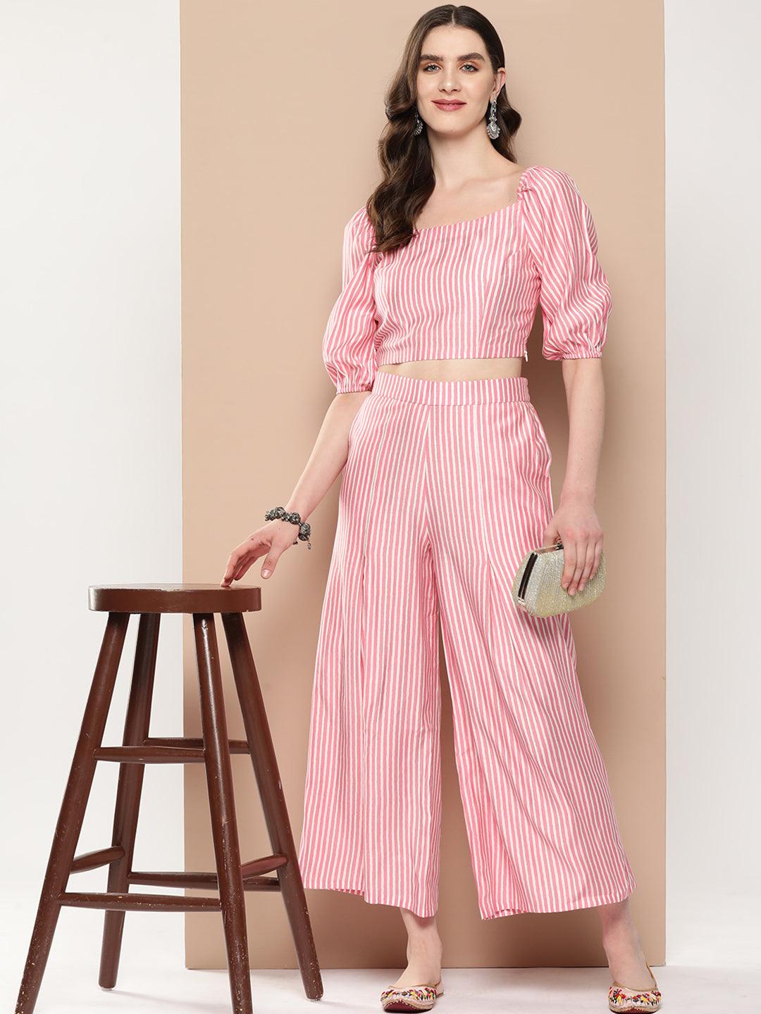 Pink Striped Polyester Top With Palazzos - Libas