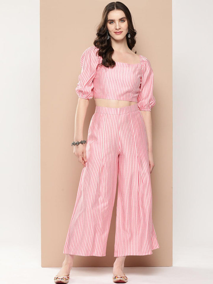 Pink Striped Polyester Top With Palazzos - Libas