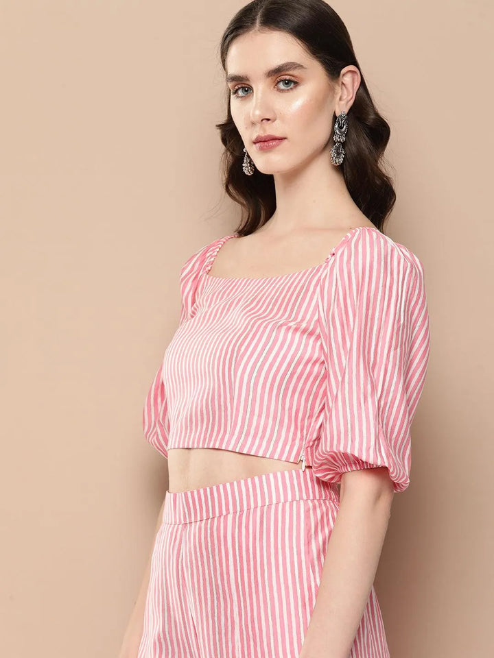 Pink Striped Polyester Top With Palazzos - Libas