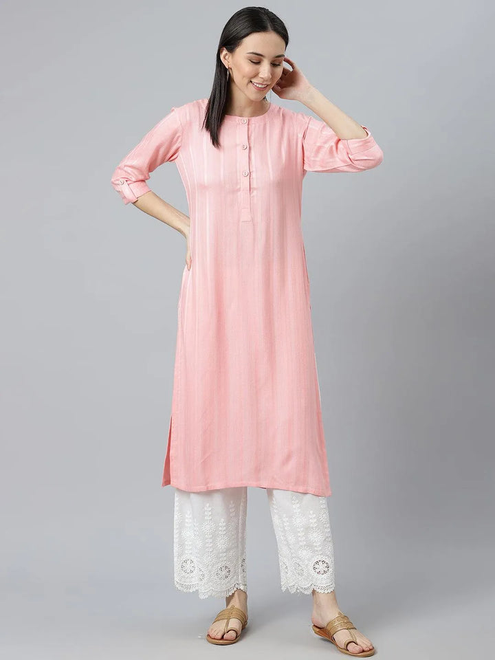 Pink Striped Rayon Kurta - Libas