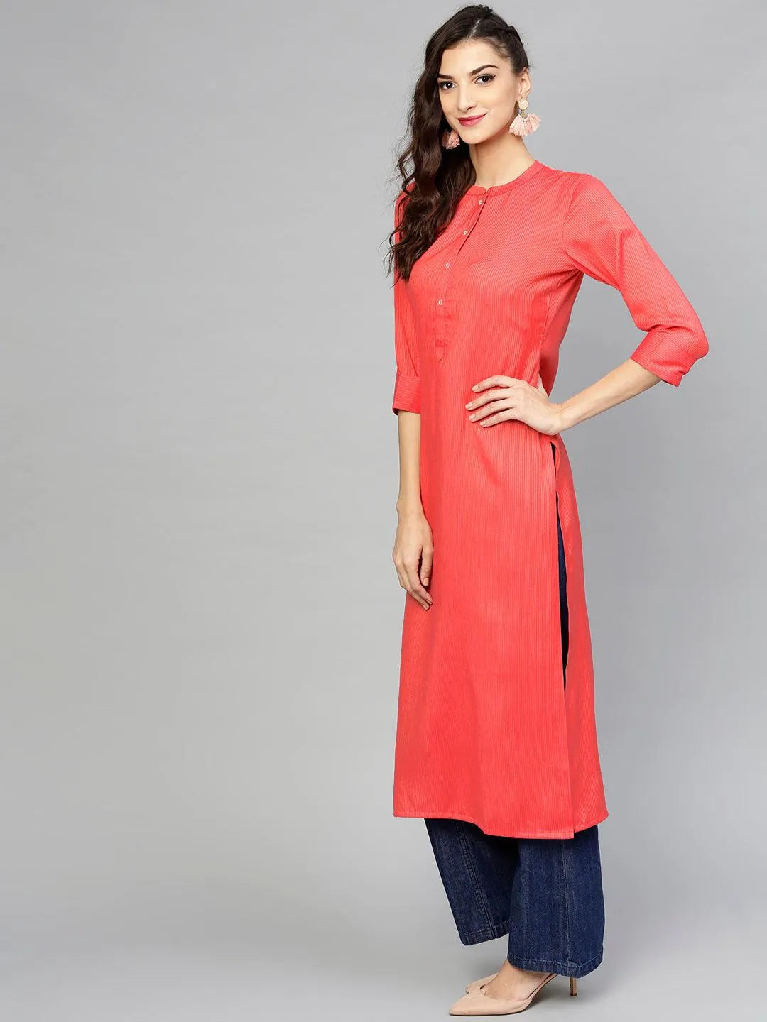 Pink Striped Rayon Kurta - Libas