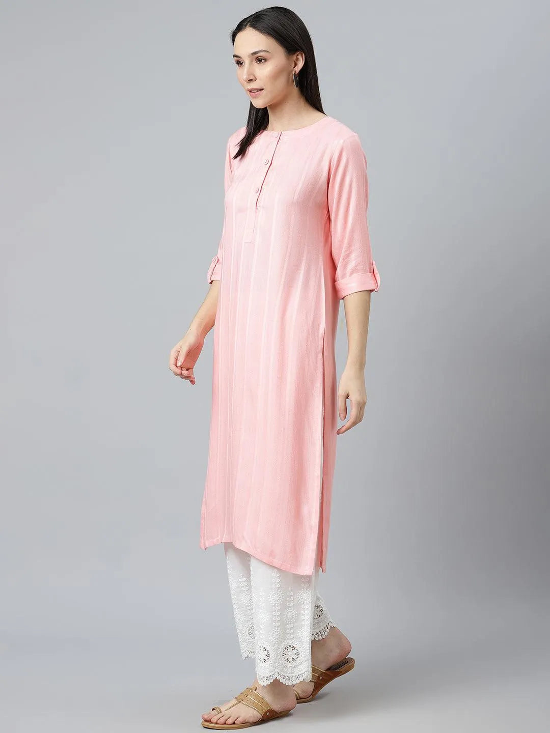 Pink Striped Rayon Kurta - Libas